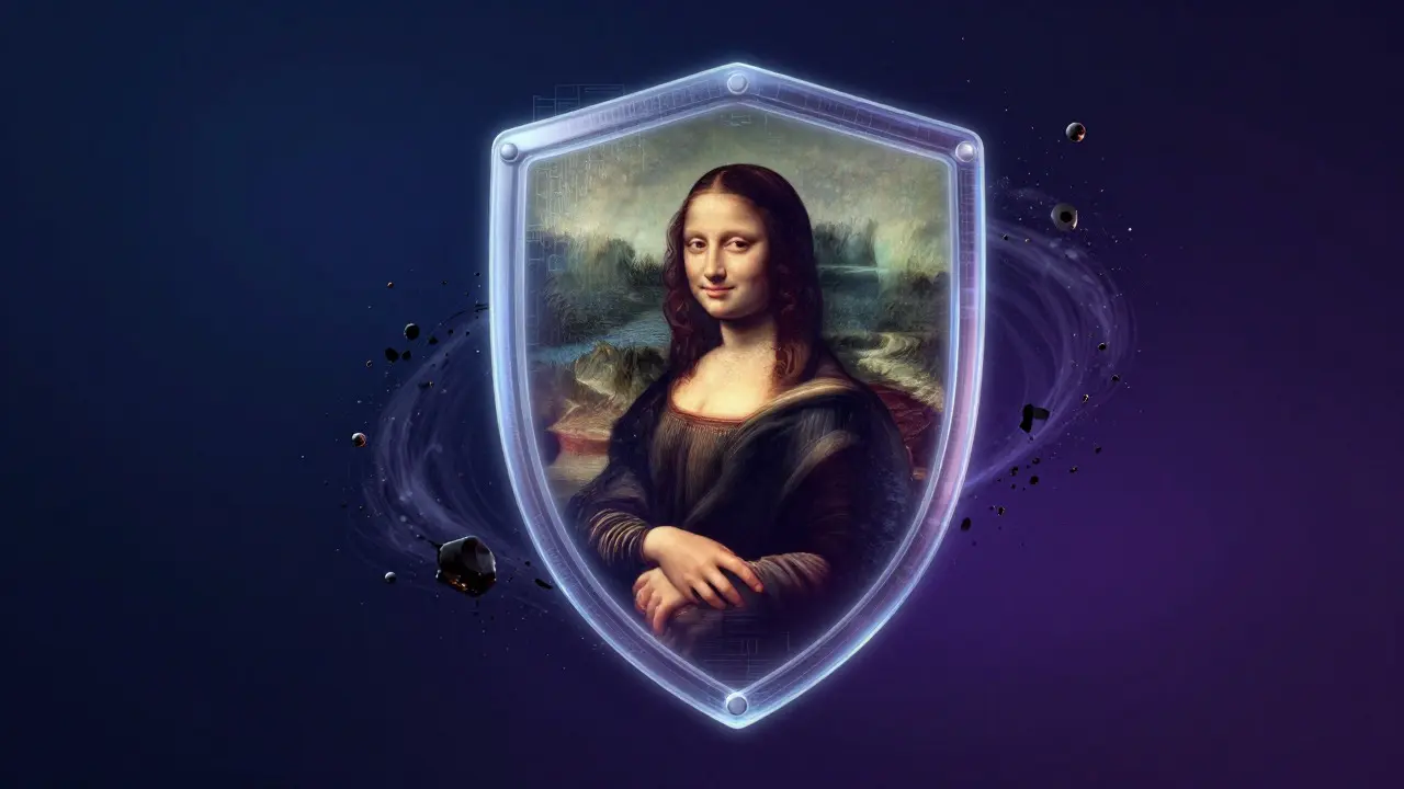 Digital shield protecting a classical painting from abstract cyber threat particles
