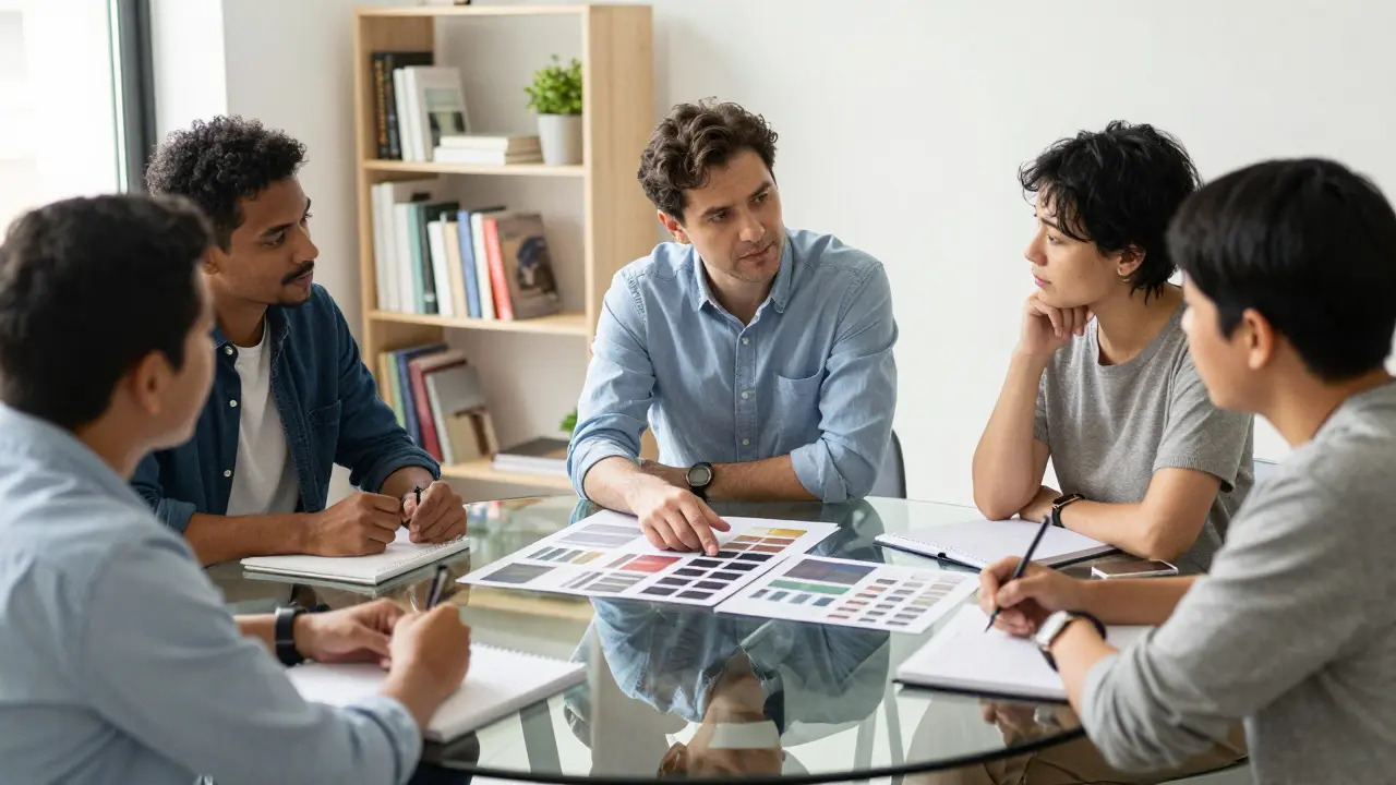Diverse group of professionals discussing art portfolios around a table in an office.