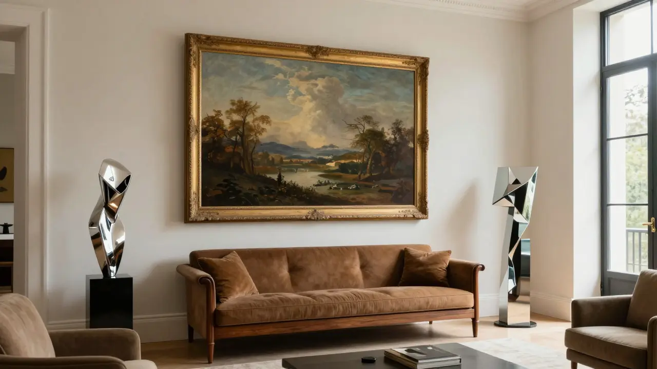 Elegant living room displaying a mix of traditional landscape and modern sculpture