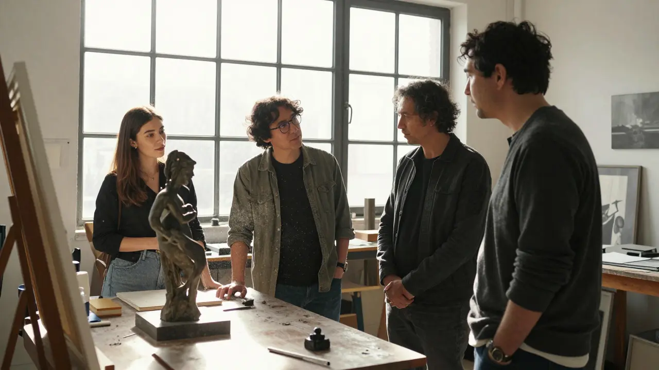 Exclusive artist studio visit with a collector examining a sculpture