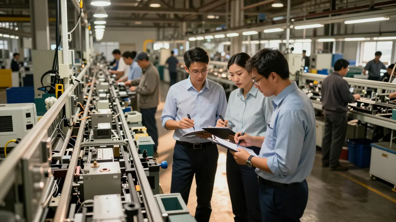 Factory managers conducting an unannounced quality audit on an active assembly line