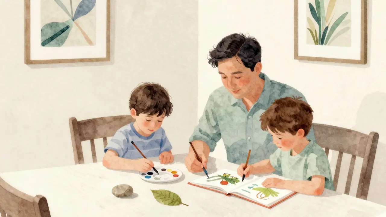 Family doing art activities together at a dining table