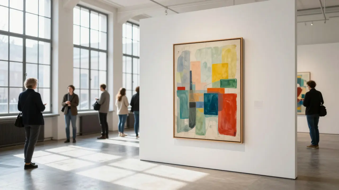 Framed artwork displayed in a sunlit modern gallery with visitors