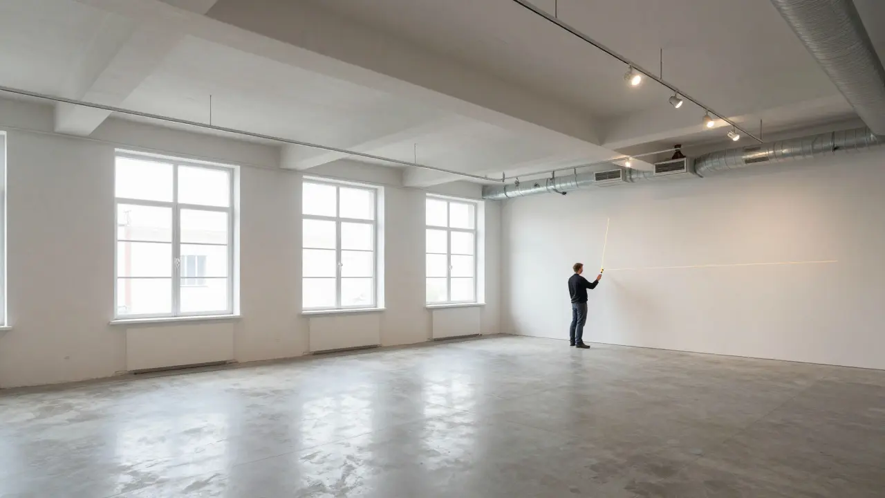 Gallery interior with contractor measuring space and checking lighting