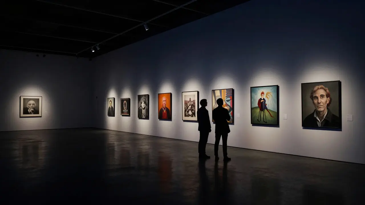 Gallery owner and artist discussing unsold inventory in a dimly lit hall