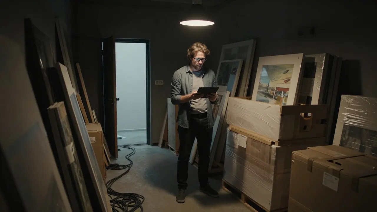 Gallery owner reviewing data in a dimly lit storage room full of wrapped art crates
