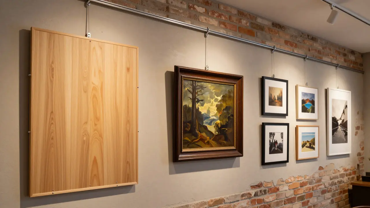 Gallery wall featuring mixed art pieces mounted with cleats, anchors, and tracks