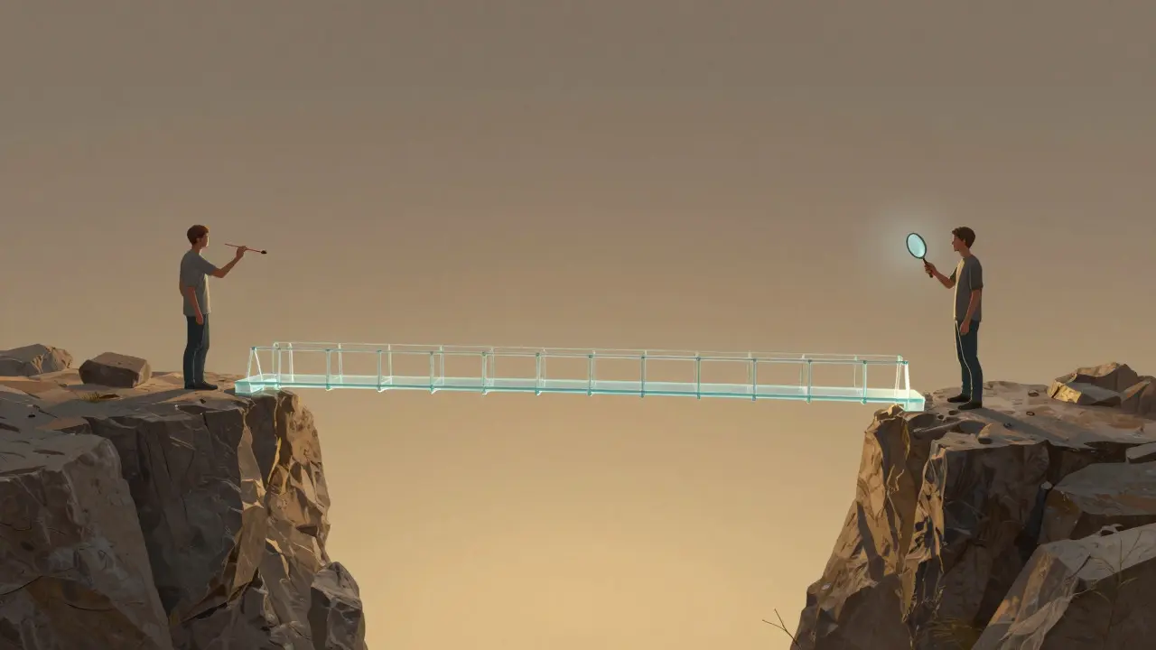 Glass bridge connecting artist and viewer figures