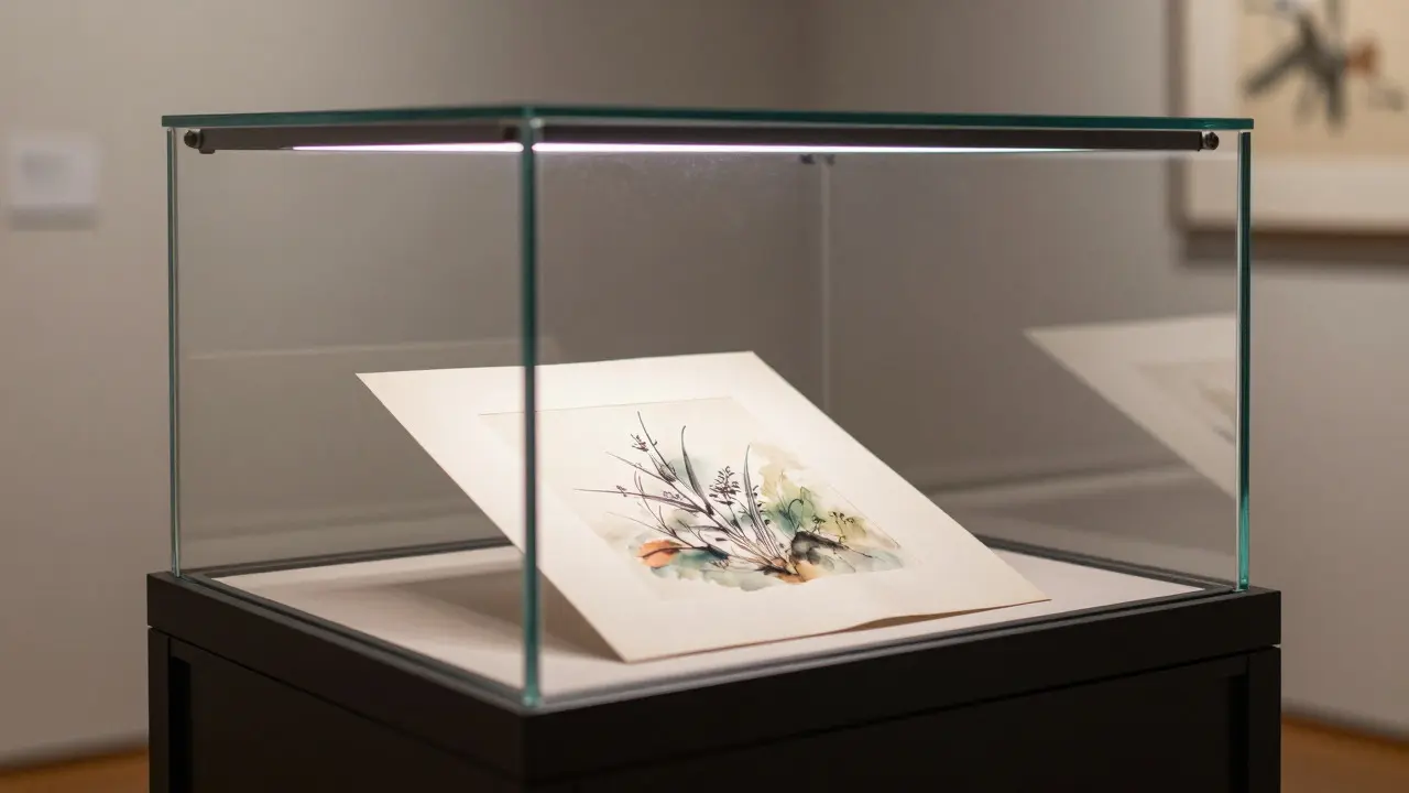Glass display case with internal LED lighting protecting a sketch