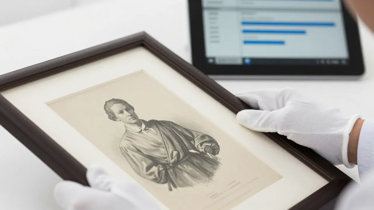 Gloved hands of an appraiser carefully examining a framed vintage print
