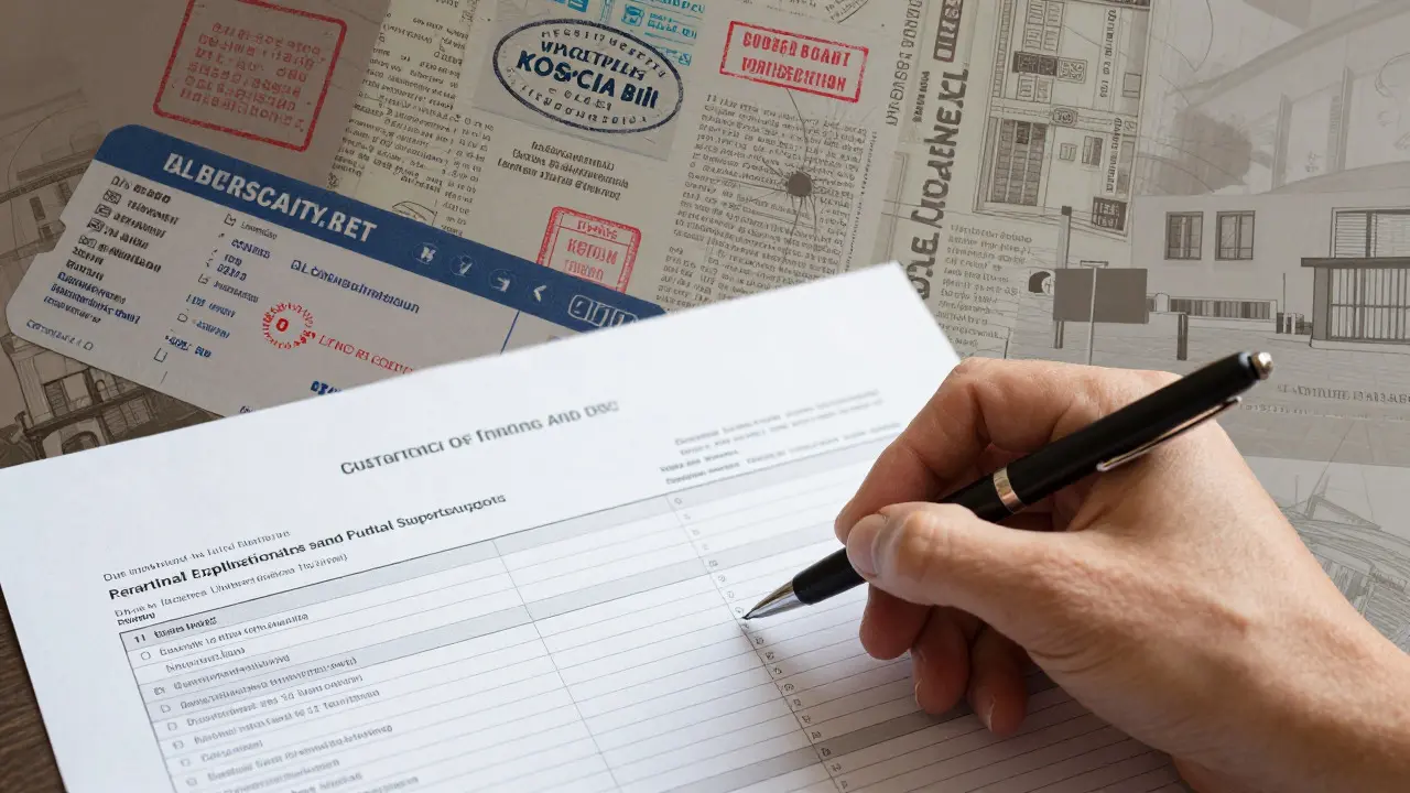 Hand holding a pen over a budget sheet with blurred travel documents