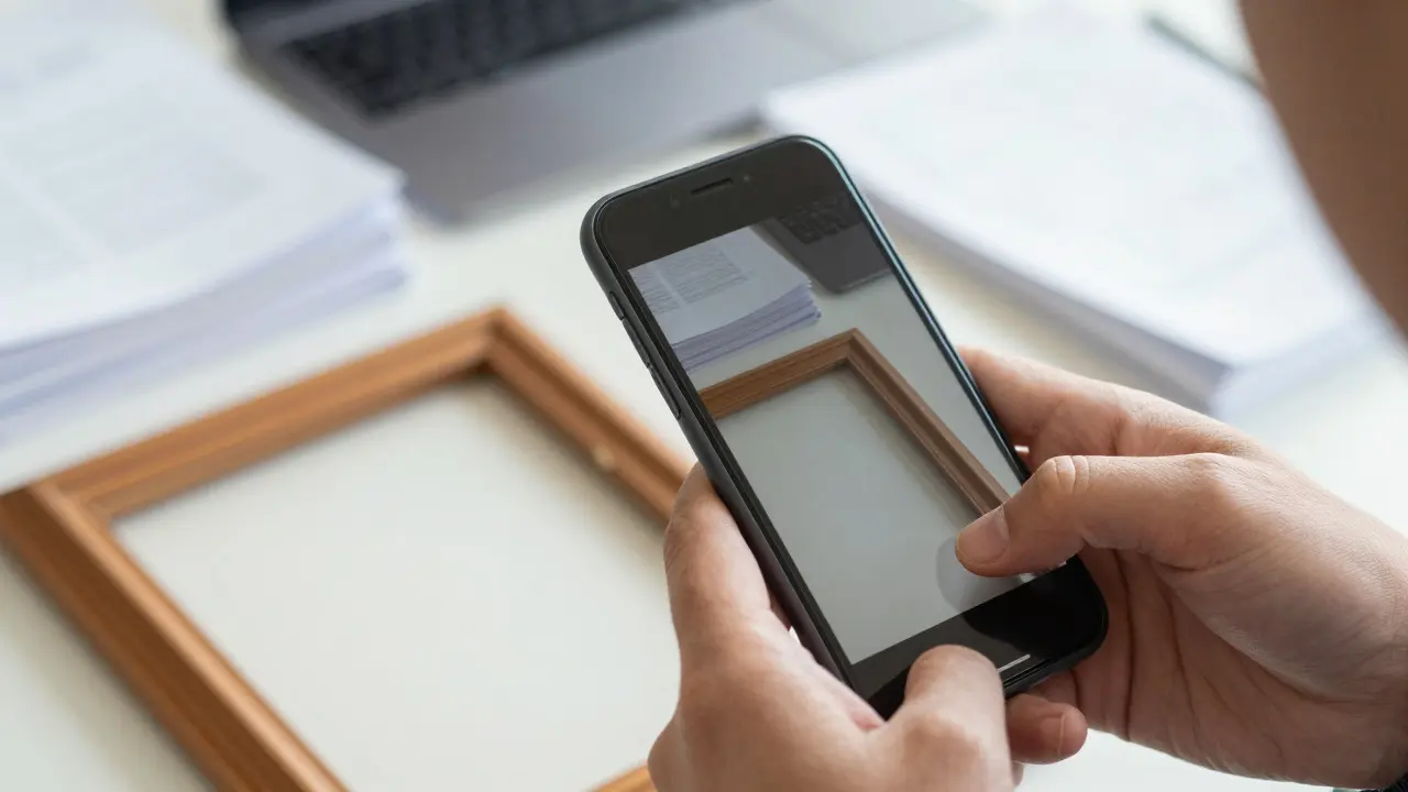 Hand using smartphone to photograph a damaged frame for incident documentation