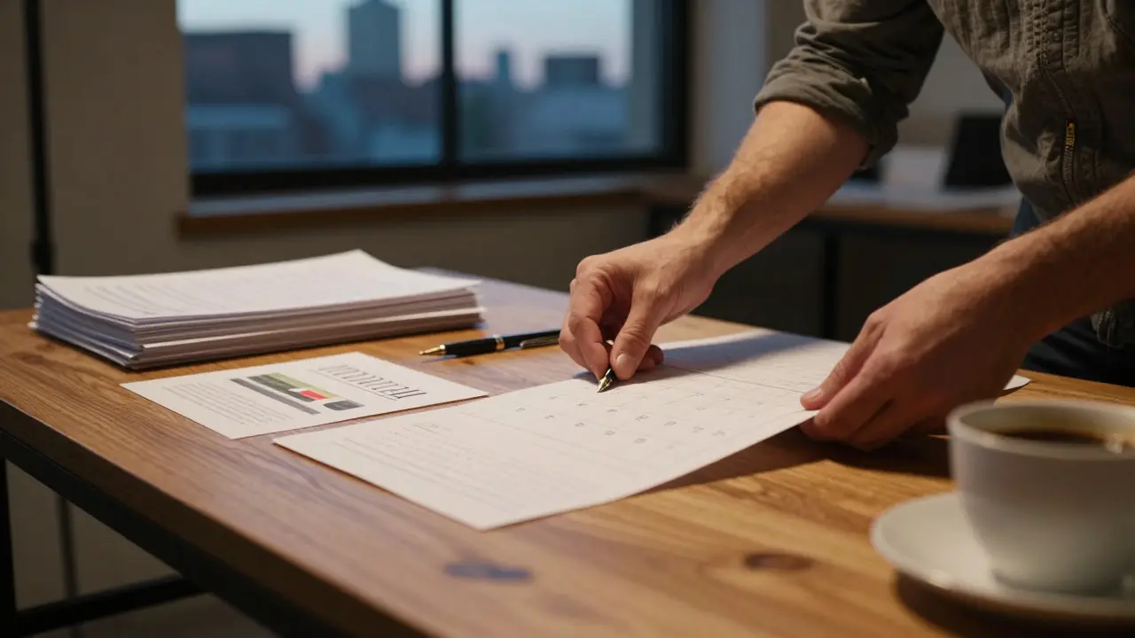 Hands arranging printed schedules and notes on a desk during evening planning