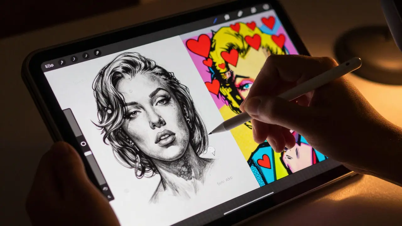 Hands comparing two different art pieces on a tablet with social metrics