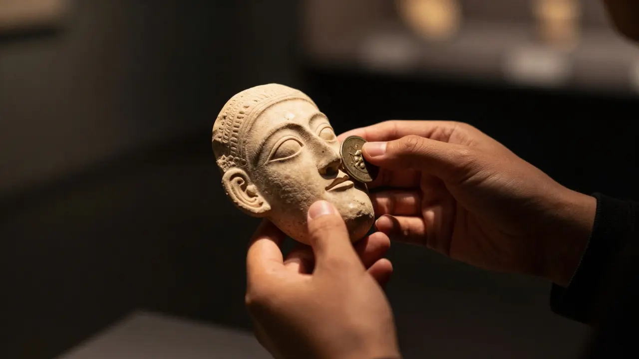 Hands holding a textured historical artifact replica during a tactile museum tour