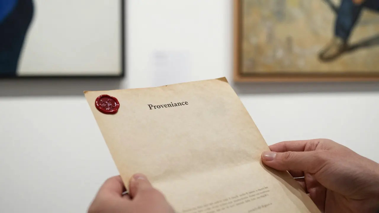 Hands holding an antique provenance document with blurred paintings in background