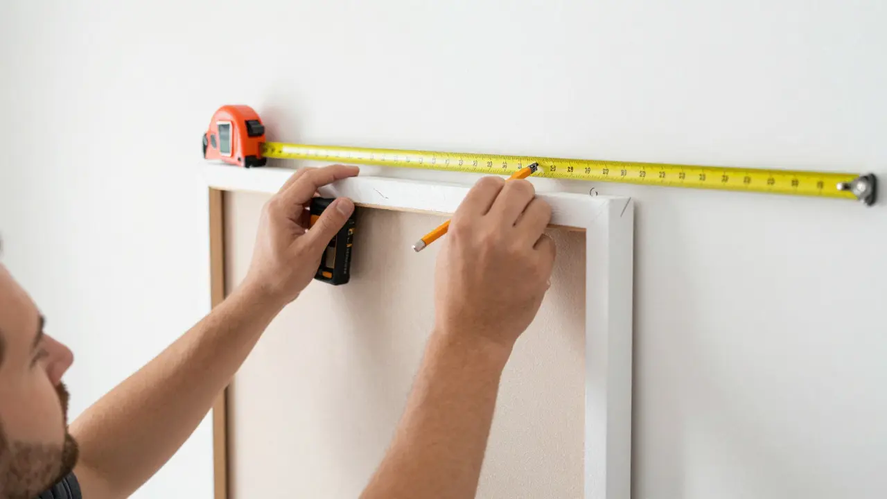 Hands measuring and marking a wall to hang a framed canvas with a level