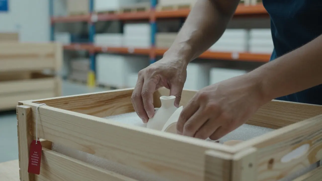 Hands packing a fragile sculpture into a wooden shipping crate