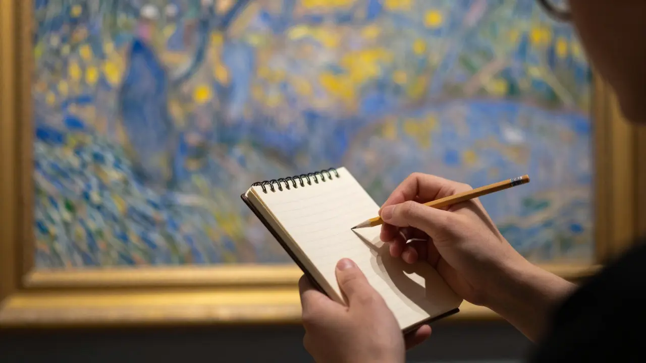 Hands writing notes in a notebook while viewing an Impressionist painting