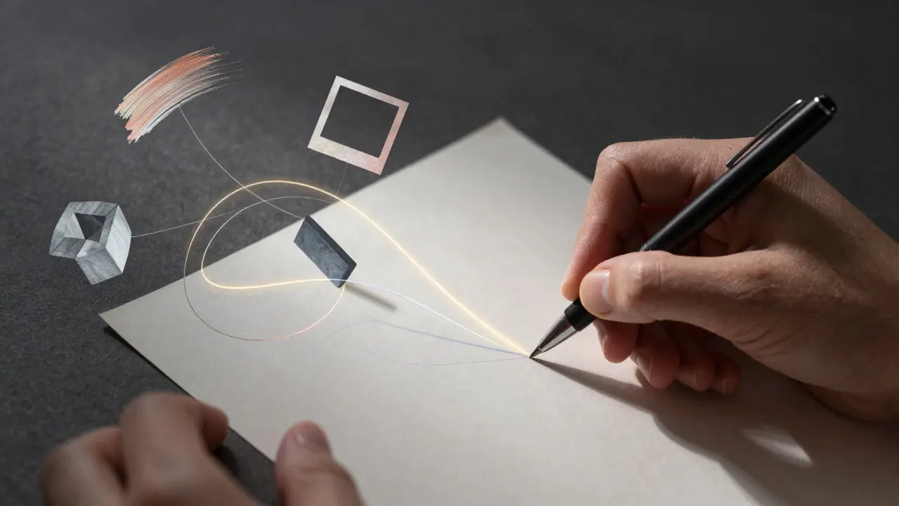 Hands writing on paper connected by light threads to abstract art shapes