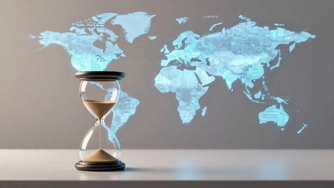 Hourglass and digital map illustrating time and territory limits