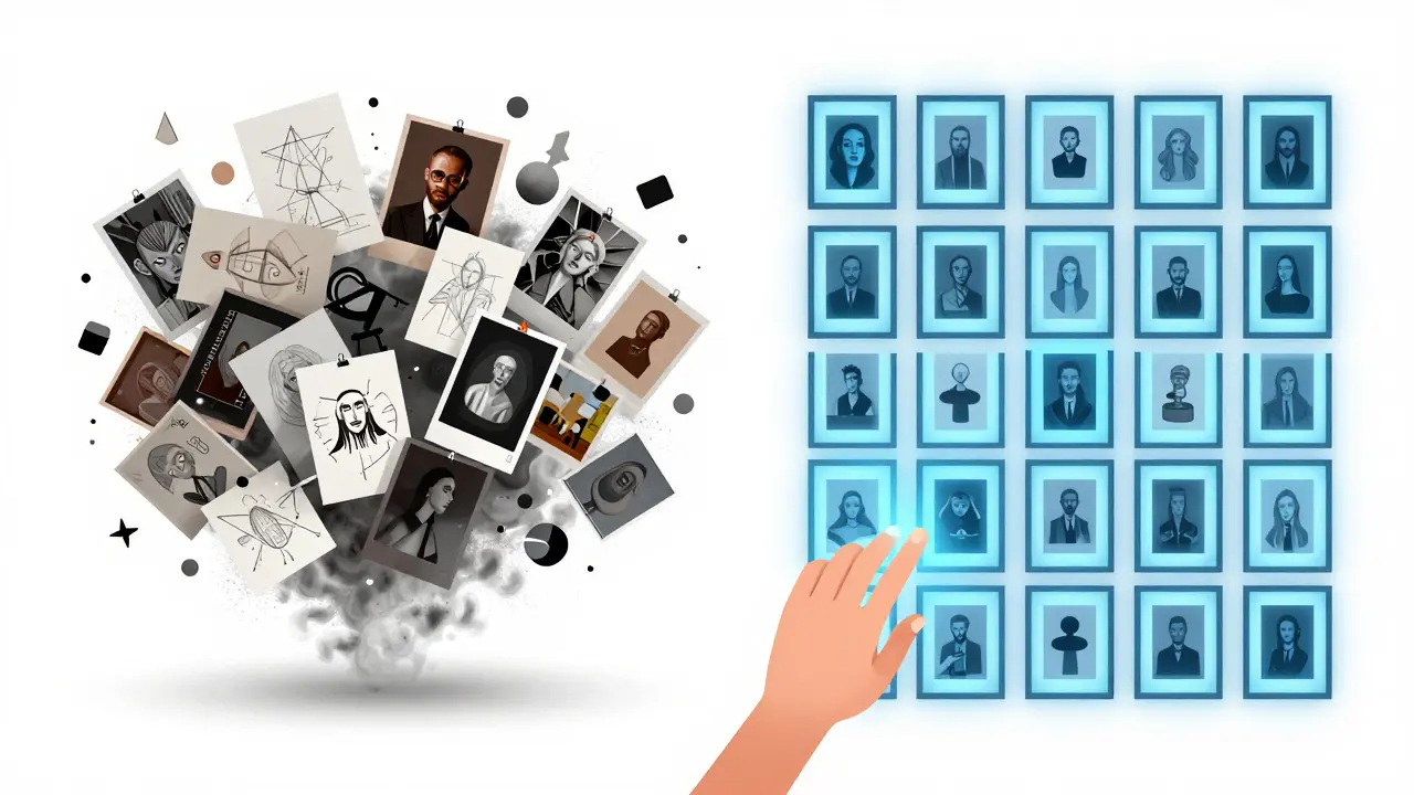 Illustration comparing a chaotic art pile with an organized, glowing grid of works