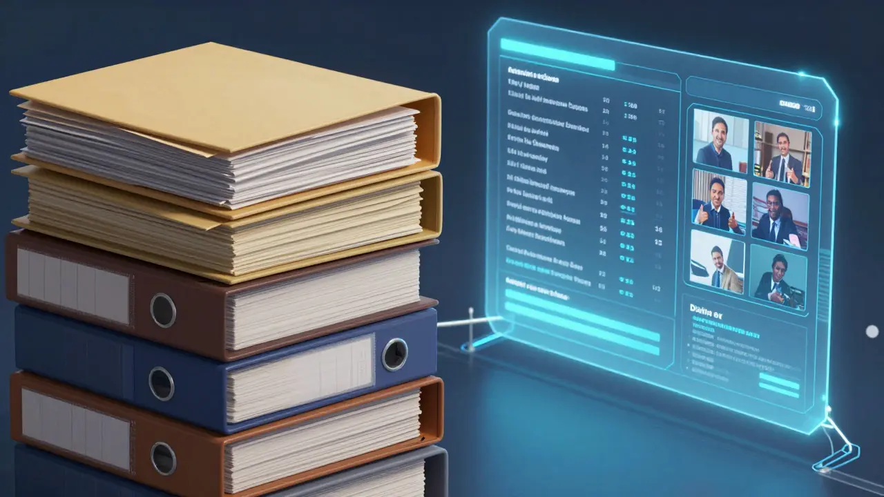 Illustration comparing physical file binders with a glowing digital database interface