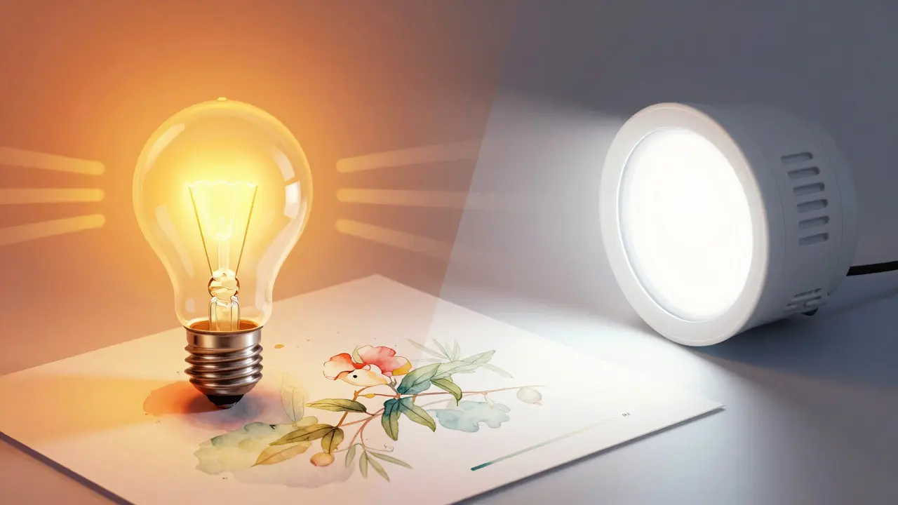 Illustration comparing the damaging heat of halogen bulbs versus the cool safety of LEDs on art