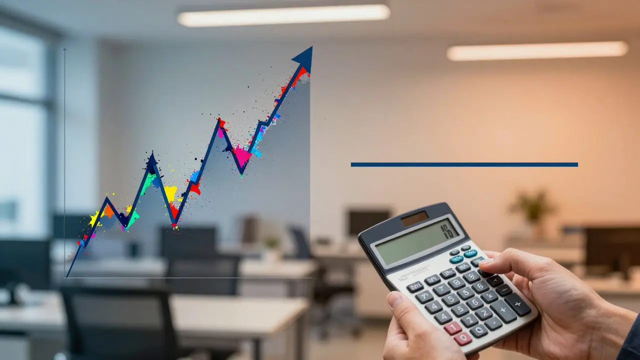Illustration comparing volatile art sales graphs with steady retail income lines