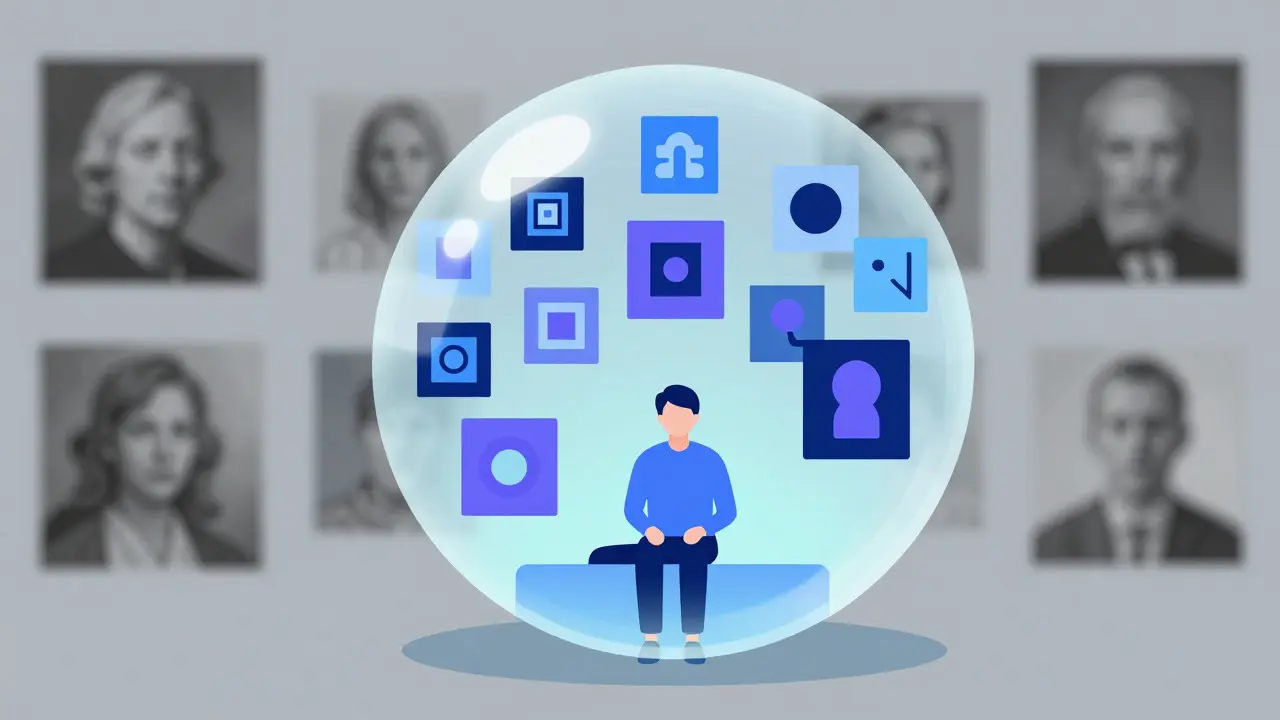 Illustration of a person inside a bubble filled with similar art styles