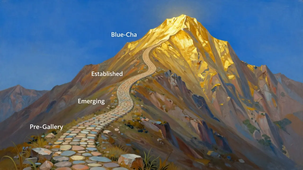 Illustration of an artist's career progression as an ascending mountain path