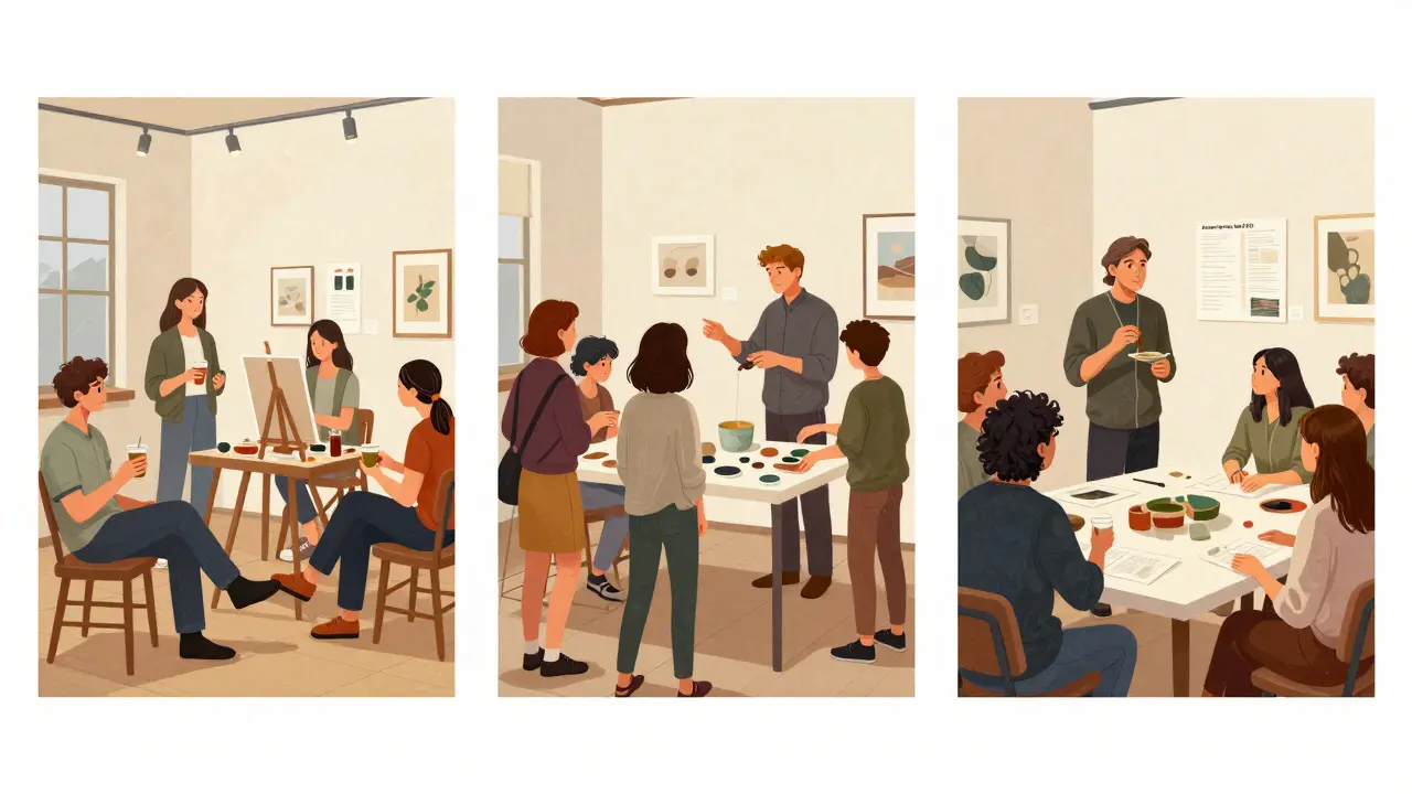 Illustration of open studios, process demonstrations, and narrative workshops in a gallery