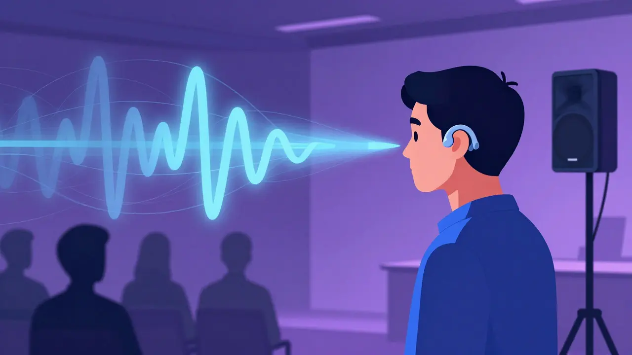 Illustration of sound waves connecting a speaker directly to a listener's hearing aid