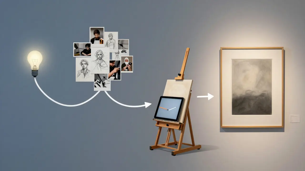 Illustration showing the four stages of an artistic workflow from idea to finish