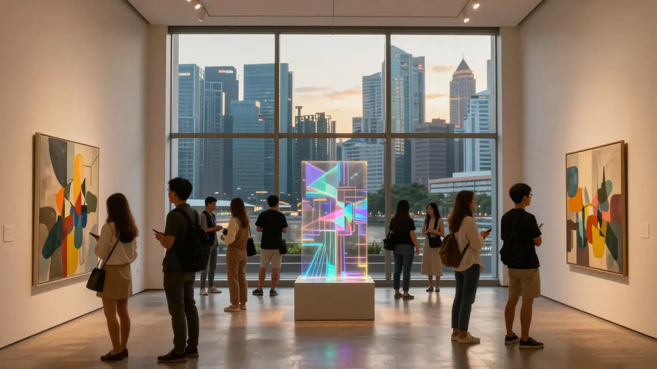 Interior of a busy art gallery in an Asian city with collectors viewing works at dusk