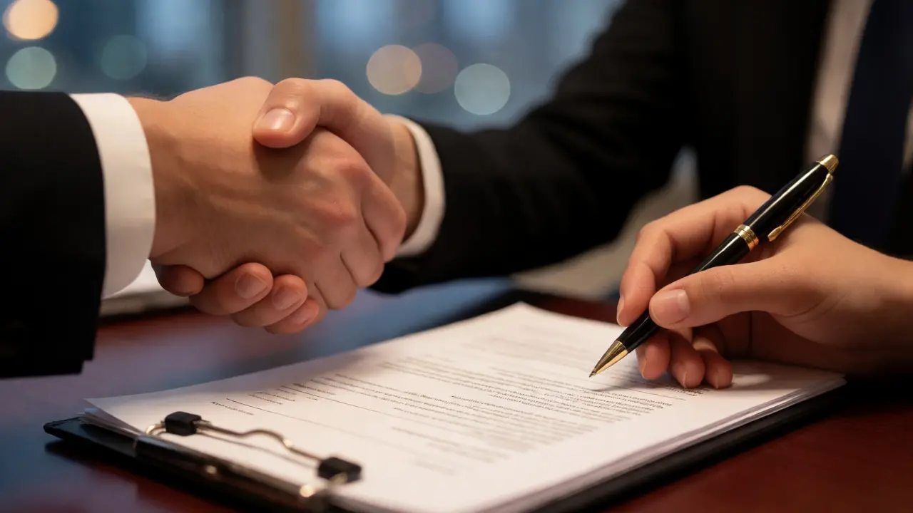 Landlord and tenant shaking hands over a commercial lease agreement