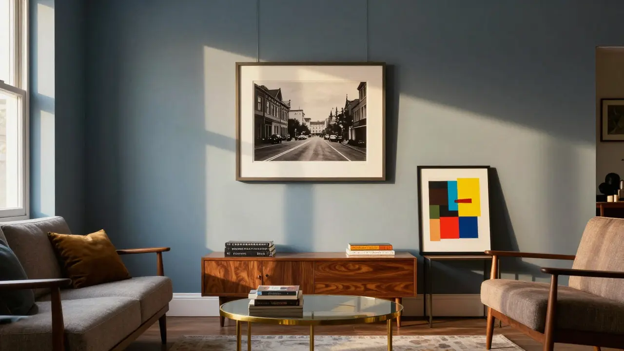 Living room with blue walls displaying a vintage photo and mixed media art
