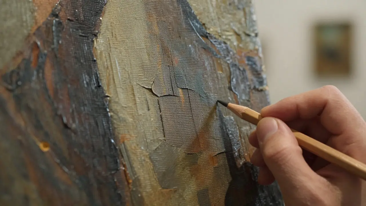 Macro view of oil painting texture showing brushstrokes and canvas weave