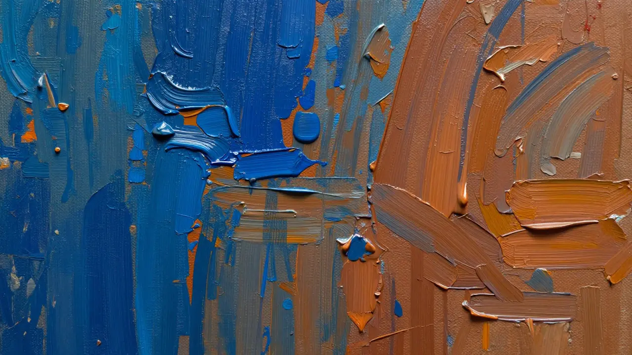 Macro view of thick impasto brushstrokes and canvas texture on a painting