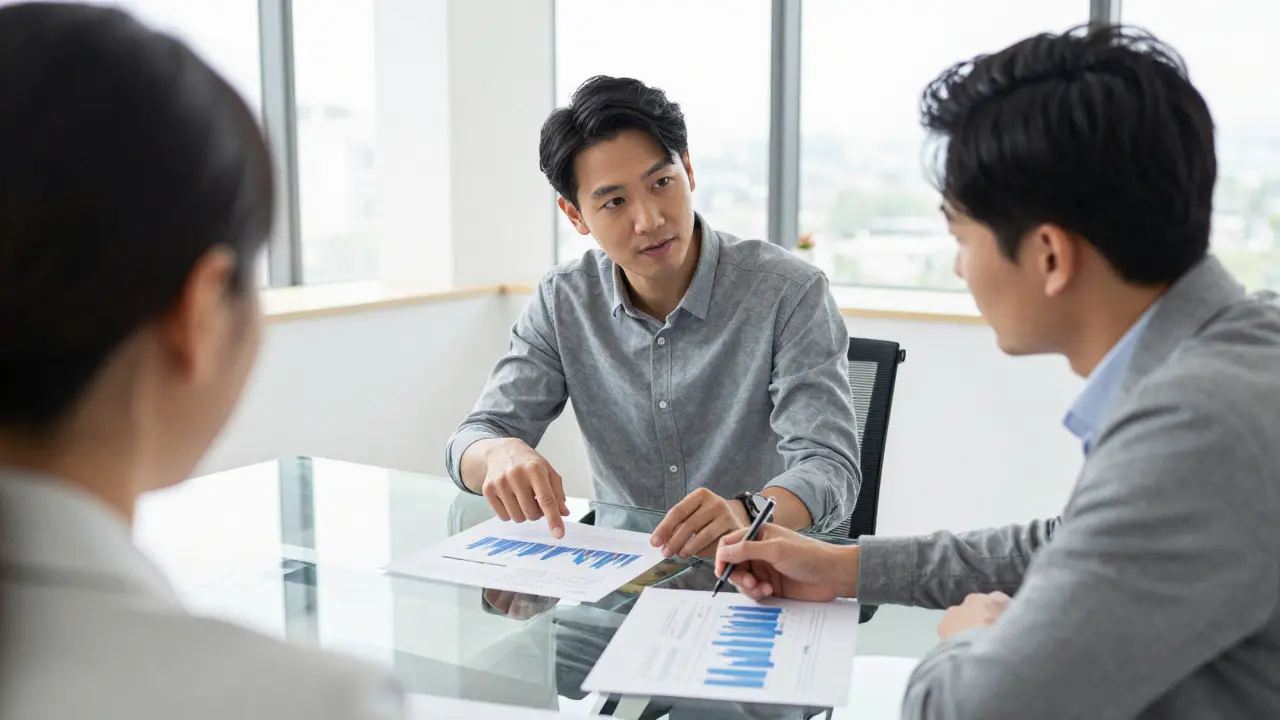 Manager and artist reviewing printed financial charts together in a bright, modern office setting