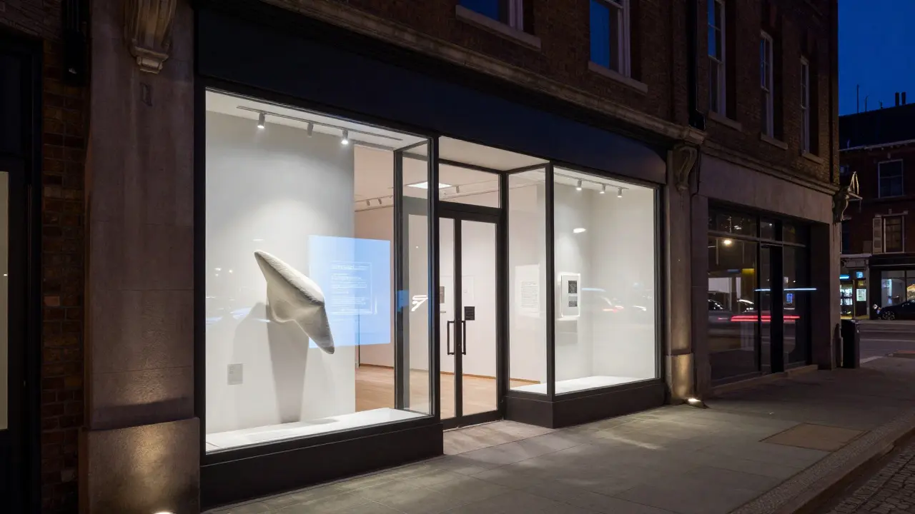 Nighttime view of a gallery window with cool lighting and an interactive sculpture element