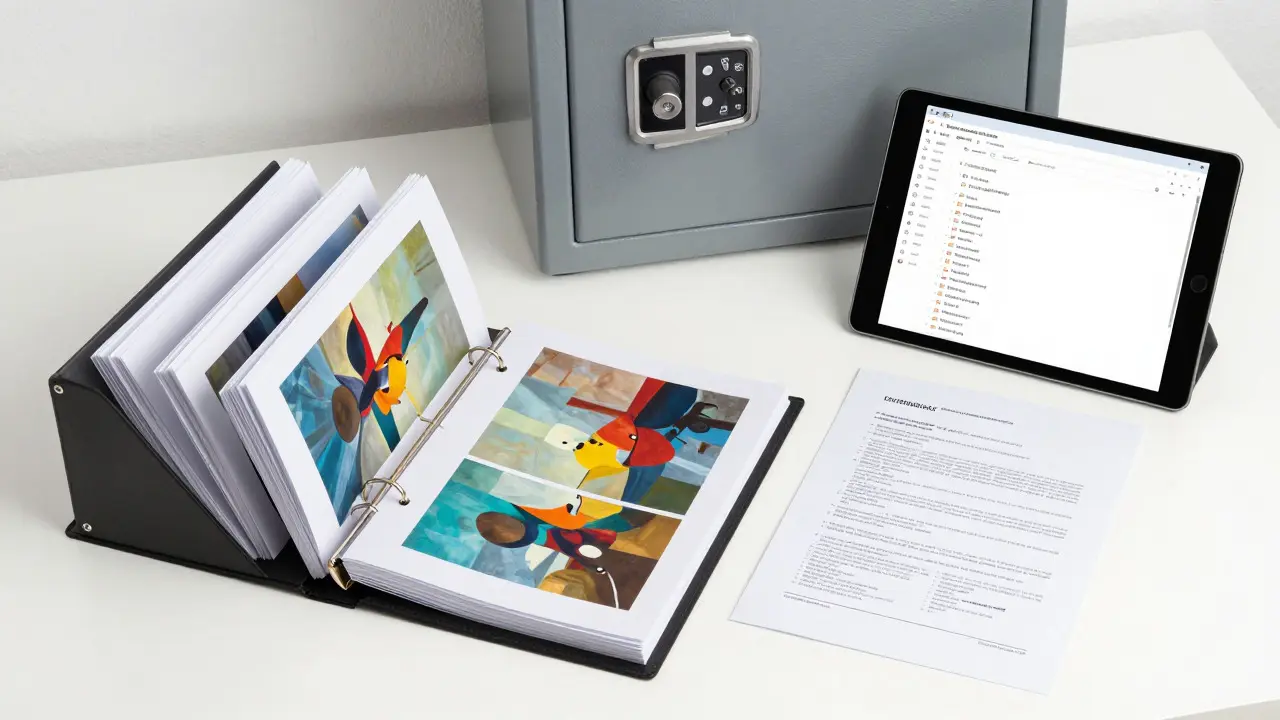 Open binder with art photos and documents next to a fireproof safe