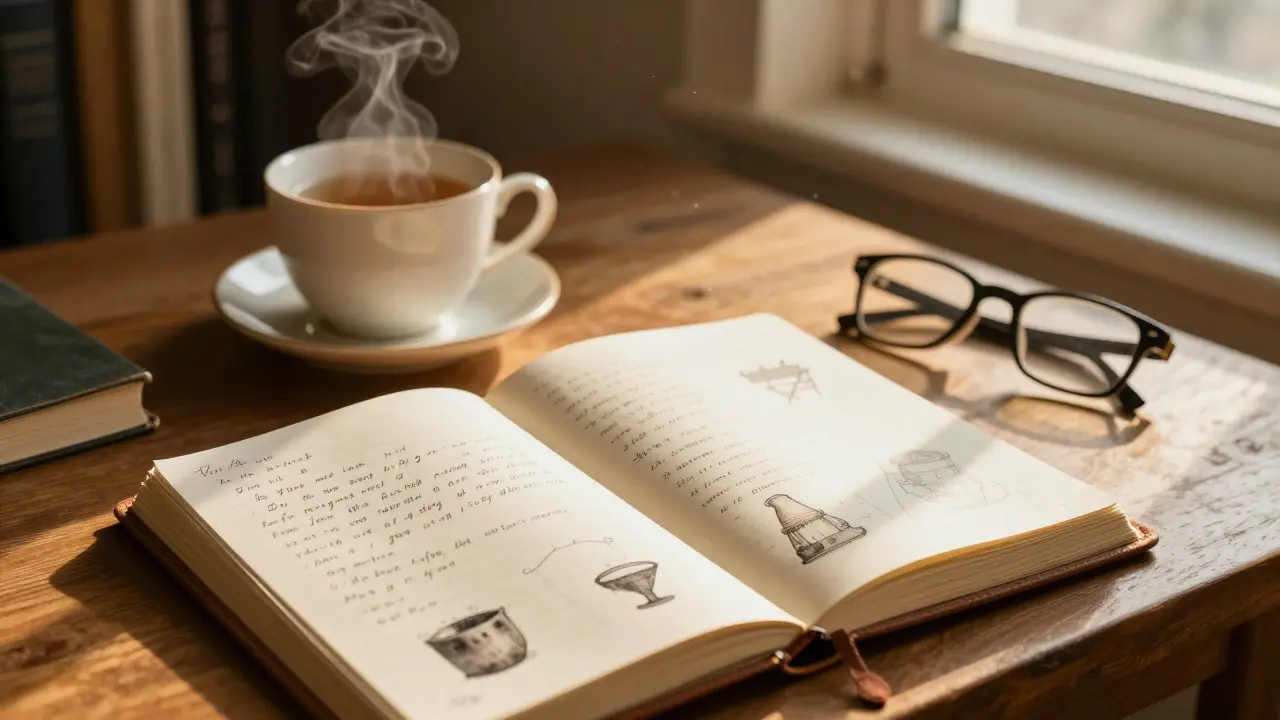 Open journal with sketches and notes on a desk next to a cup of tea