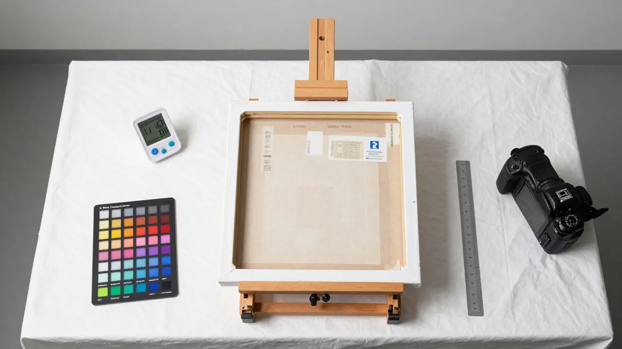 Overhead view of art documentation tools including color card and camera on a table