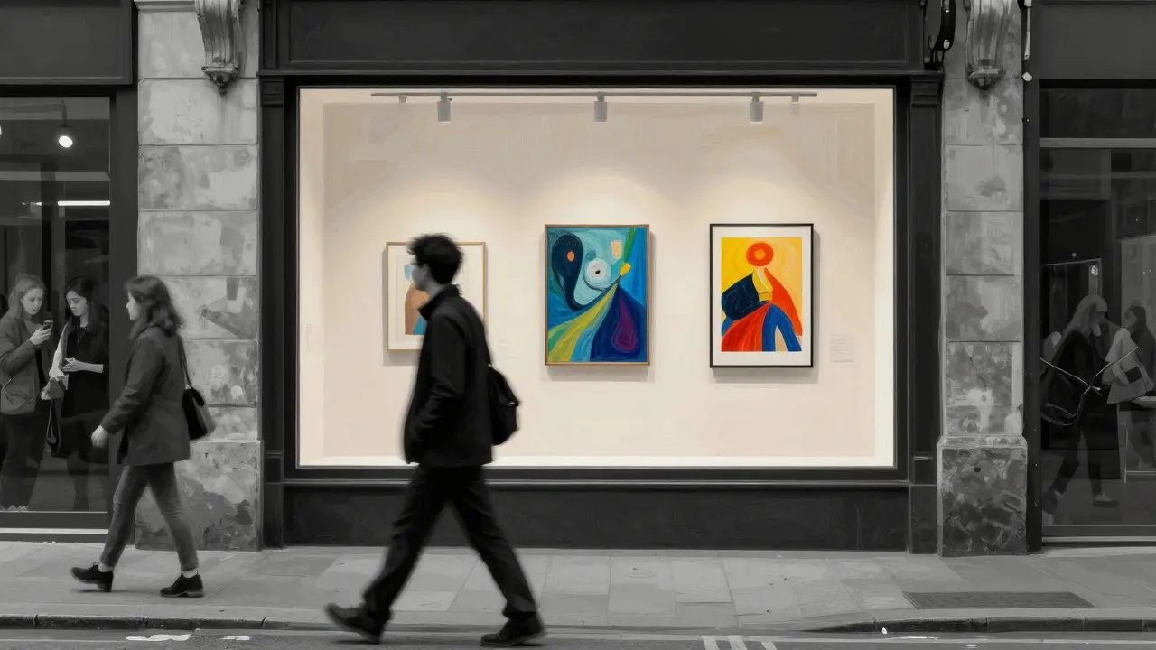 Pedestrian stopping to look at a gallery window displaying a cluster of themed artworks