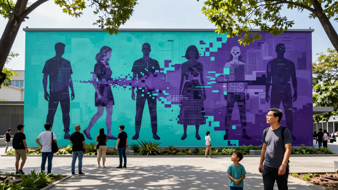 People viewing a large digital-style mural in a park