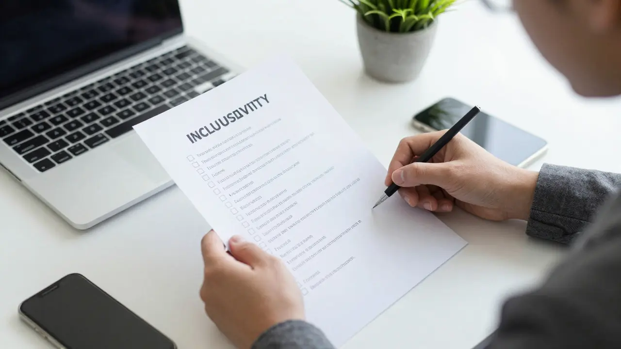 Person reviewing a checklist document on a desk in a professional setting