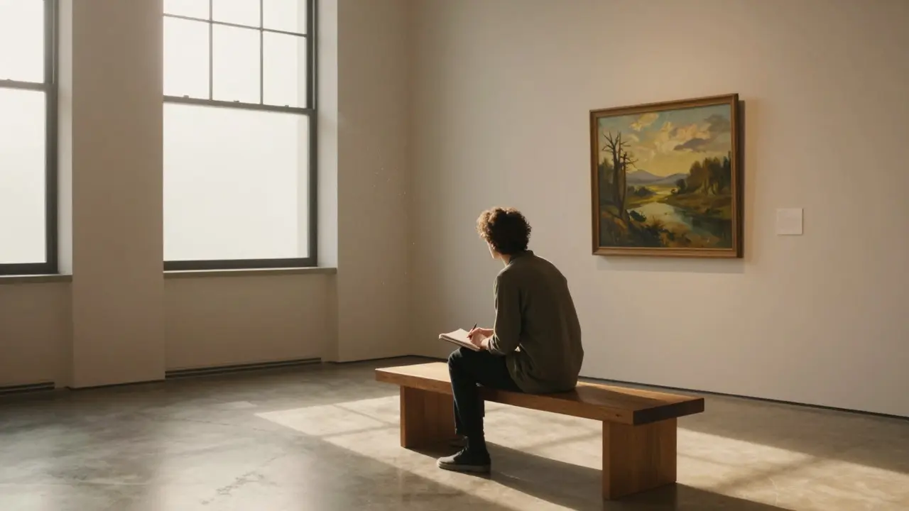Person sitting quietly on a bench in a sunlit gallery, observing a painting