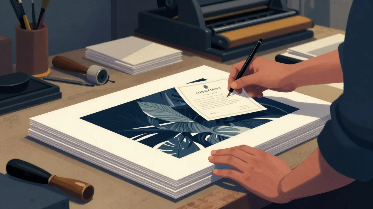 Printmaker inspecting a stack of editions and certificates in a dimly lit studio