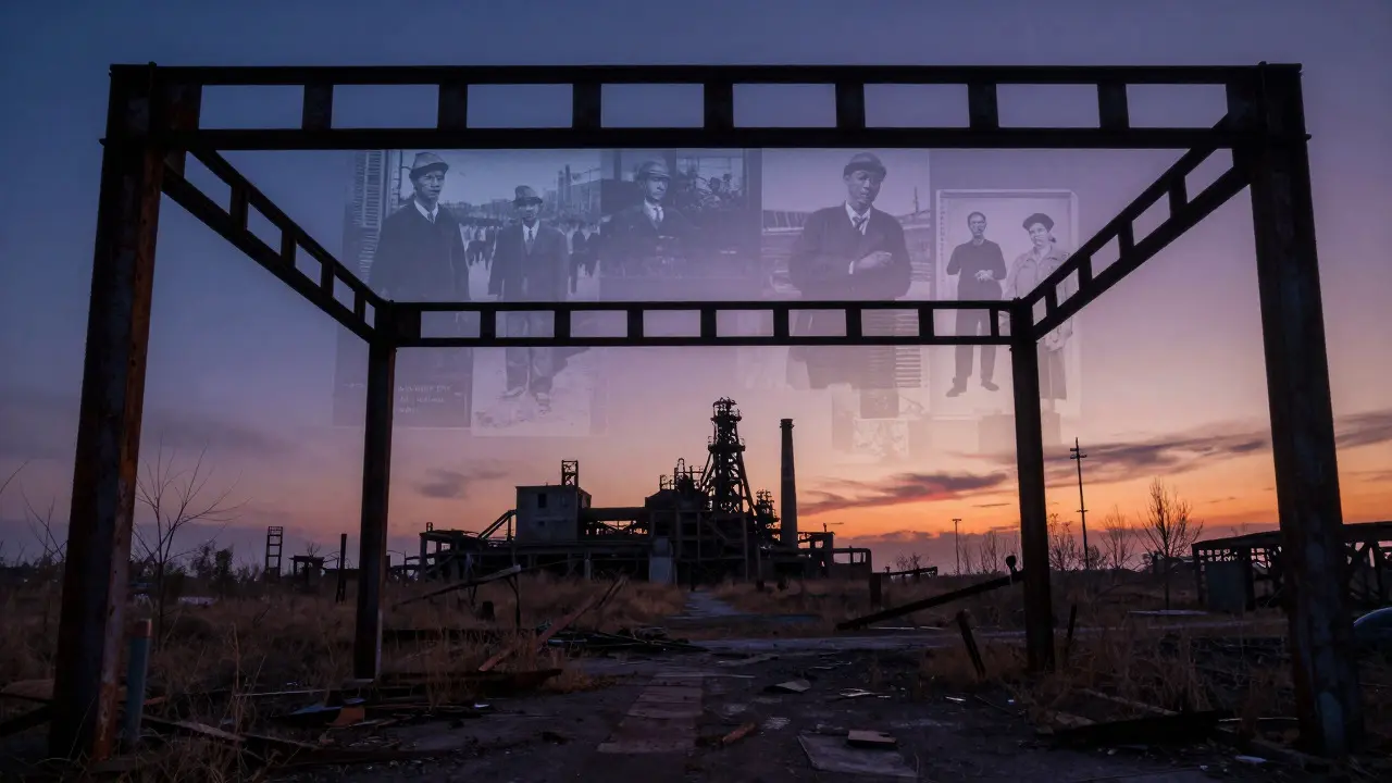 Reclaimed steel arch framing an abandoned factory with ghostly archival photos